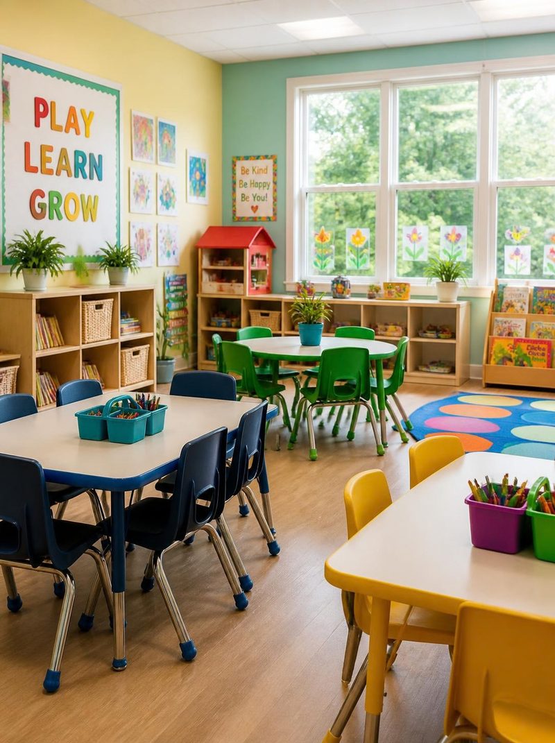 A bright classroom with small tables and chairs