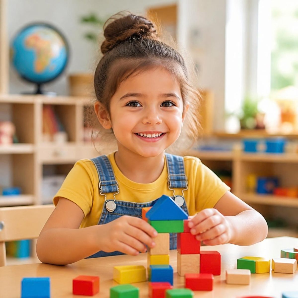 A smiling girl playing with colorful wooden blocks in a bright classroom