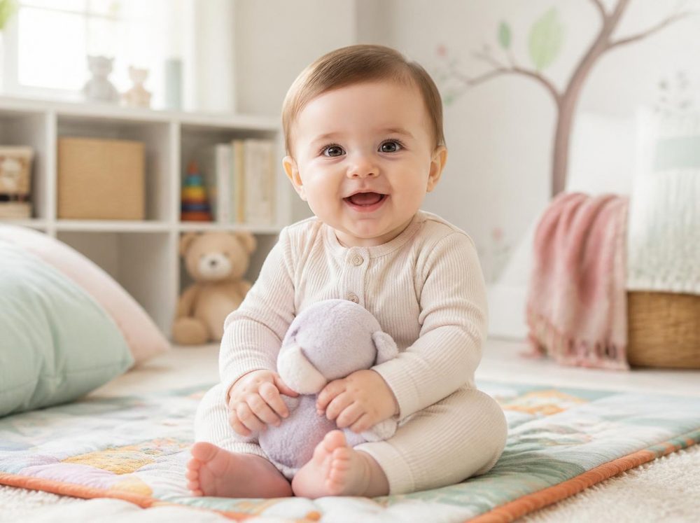 A smiling baby sitting on a soft play mat