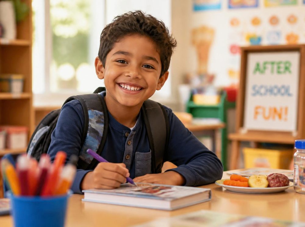 A smiling boy with a backpack at an after-school activity table