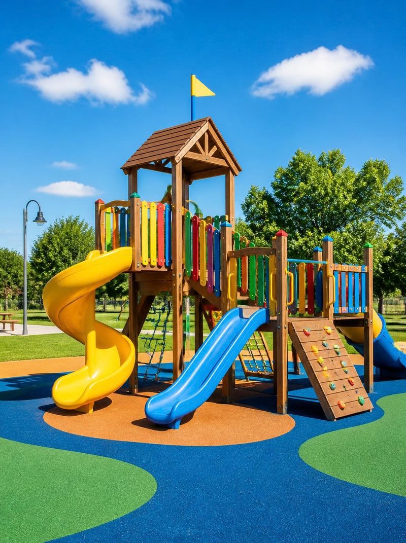 A colorful outdoor playground with slides