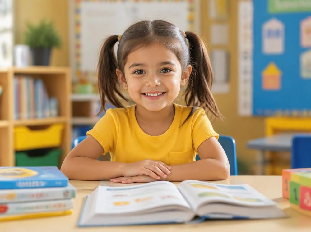 A smiling girl with pigtails at a table with an open book