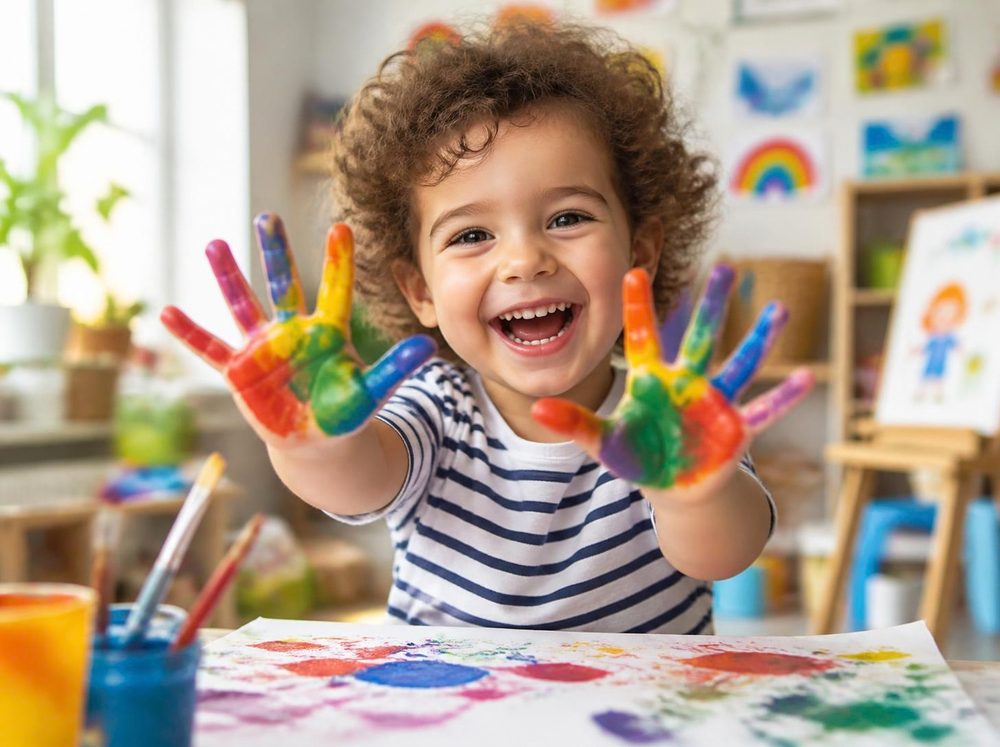 A child showing off rainbow finger-painted hands