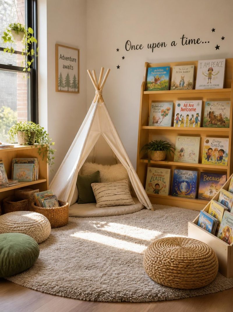 A cozy reading nook with a teepee and bookshelves