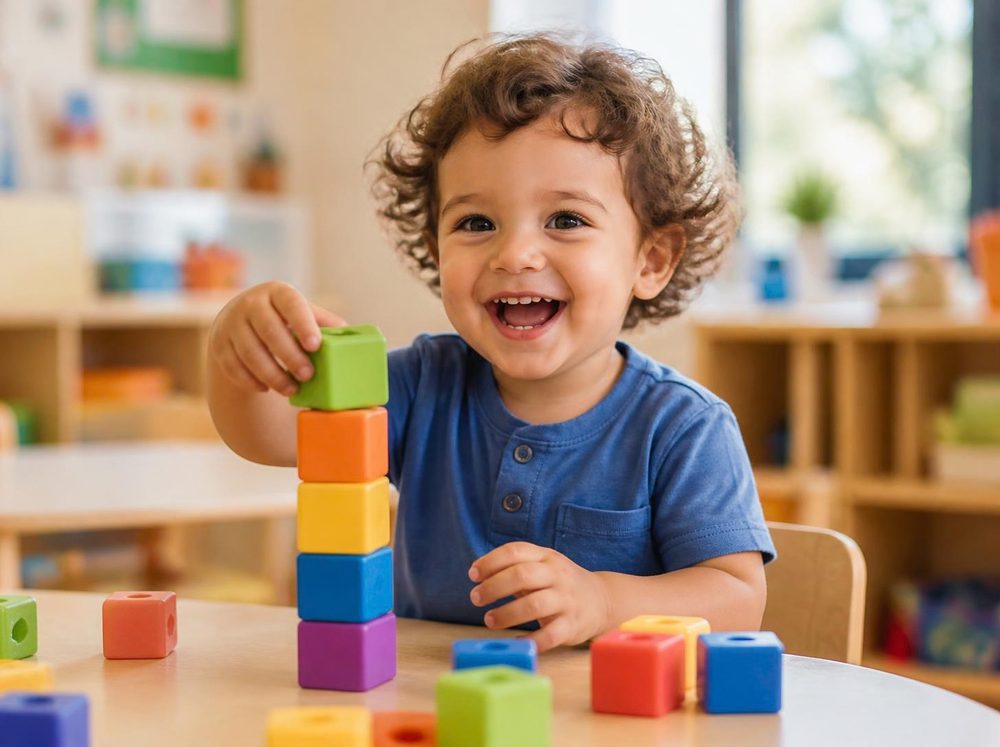 A toddler stacking colorful blocks and laughing